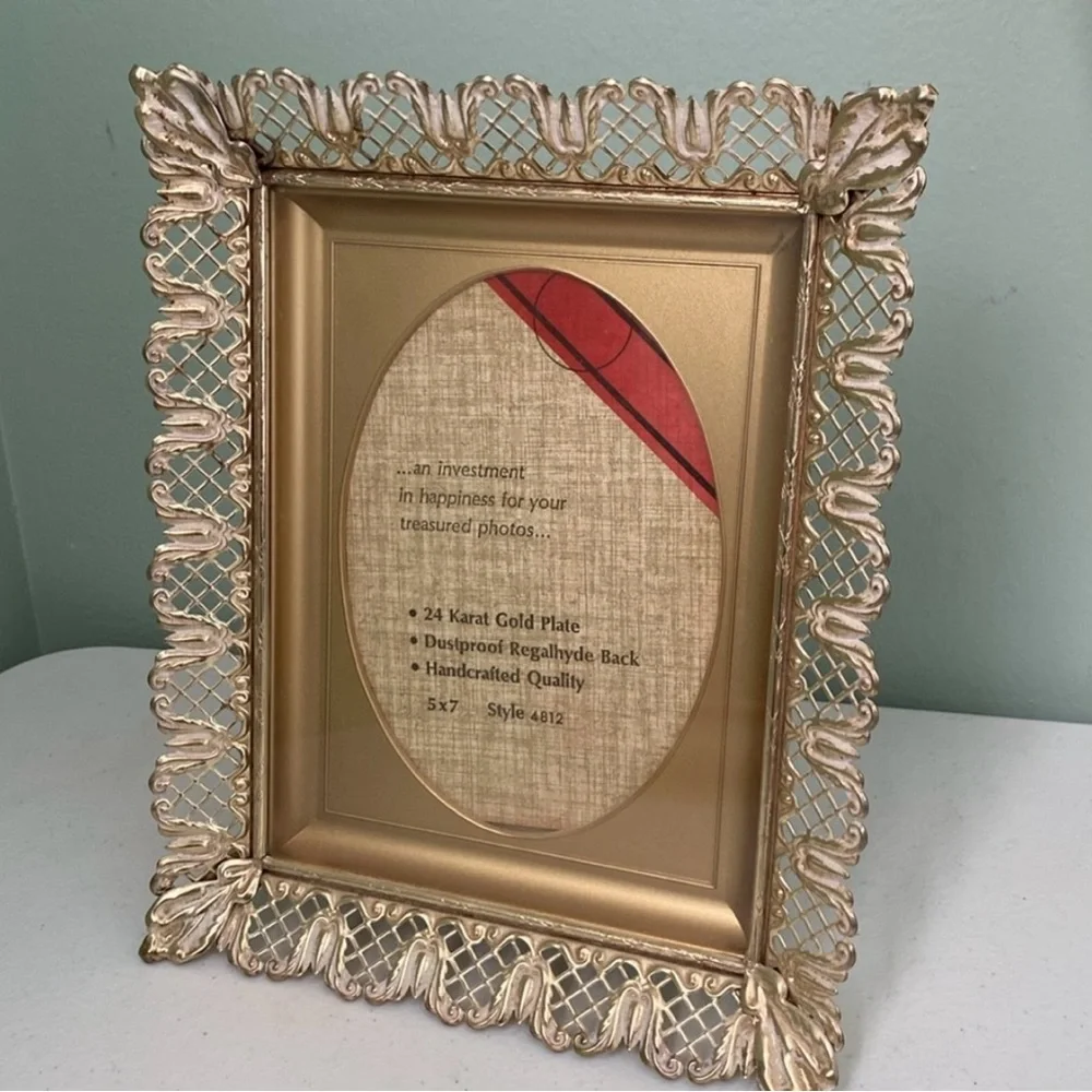 Vintage 24 Karat Gold Plated Metal Filigree Picture Frame 5x7